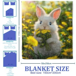 Plistiz Cute Bunny in Flowers Pattern Throw Blanket 50"x60", Cute Animal Lover Blankets for Bedroom Decor, Soft Flannel Polyester Bunny Gifts for Women Kids