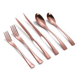 Lemeya 24-Piece Rose Gold Silverware Set with Steak Knives,Forged 18/10 Stainless Steel Cutlery Set for 4,Modern Heavy Duty Flatware Utensils Set,Forks Spoons and Knives Set,Dishwasher Safe