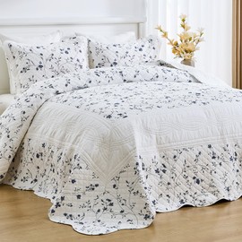 SahSahCasa 120"x102" 100% Cotton Oversized Queen Bedspread Coverlet Quilt Set, Floral Queen Quilted Bedspread Extra Large Quilt, XL Bed Spread Lightweight Comforter, 3pc, Blue/White