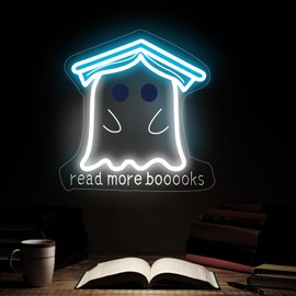 Read More Books Neon Sign, Cute Ghost Reader LED Sign Light, Kawaii Funny Ghost with Bachelor Cap Light Up Night Light for Bedroom Classroom Study Reading Room Library Decoration, 13"x13", Ice Blue