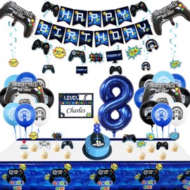 Video Game Party Decorations - 8th Birthday Decorations for Boys, HAPPY BIRTHDAY Banner, Video Game Balloons, Number 8 Blue Balloons, Candles, Gaming Hanging Swirls, Game On Birthday Party Supplies