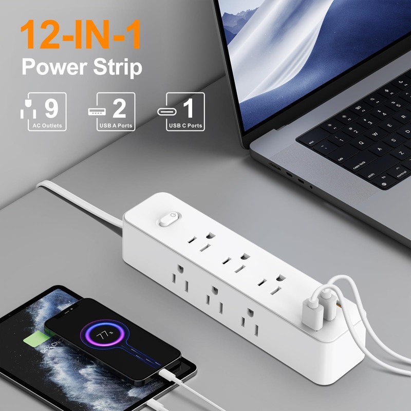 Romatico Power Strip Surge Protector, 12-in-1 Power Bar with Multiple
