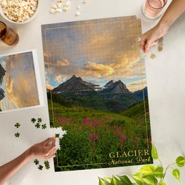 Glacier National Park, Montana, Sunset and Flowers, Border (1000 Piece Puzzle, Challenging Jigsaw Puzzle for Adults, Made in USA)