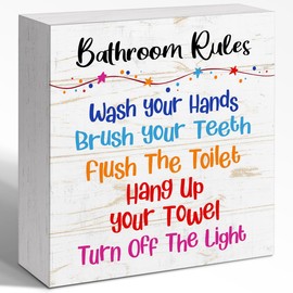 WUZYOU Bathroom Rules Wooden Box Sign Wash Your Hands, 5x5x1 INCH Hygiene Wood Sign, Hygiene Reminder For Family Kids Clinic Nursery Clinic Decor