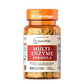 Puritan's Pride Multi-Enzyme Formula, Digestive Aid for Proteins, Fats, and Carbohydrates, Dietary Supplement for Digestion and Healthy Gut Support, 50 Day Supply, 100 Easy to Swallow Coated Tablets