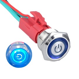 DMWD 19mm Heavy Duty Latching Metal Push Button Switch Waterproof 20Amp 12V-24V ON-Off 1NO 4 Pins with Pre-Wired Socket for 3/4" Mounting Hole with Power Symbol (Silver Shell Blue LED)