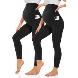 TNNZEET Maternity Leggings Women's Opaque Pregnancy Leggings Long with Pockets for Yoga, B-black*2