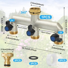 Votoko 3-Wege Wasserhahn Wasserverteiler, 3/4 Zoll Messing Wasseranschluss Verteiler, Schlauchverteiler 3fach mit 3 Individuellem Kugelhahn und 3 Adapter 1/2 zoll, für Gartenschläuche, Geräte