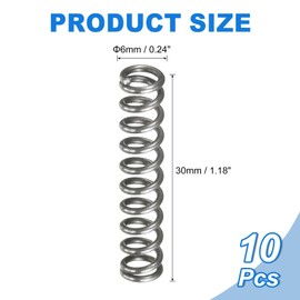 sourcing map 10Pcs Compression Spring, 6mm OD, 1mm Wire Size, 30mm Free Length, Spring Steel Construction Extended Mechanical Compression Springs for Shop and Home Repairs, Silver Tone