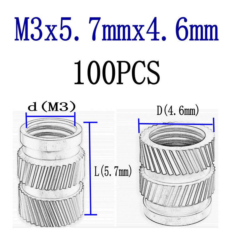 100pcs M3 Brass Threaded Inserts, Metric Knurled Nuts, M3x5.7x4.6 Heat