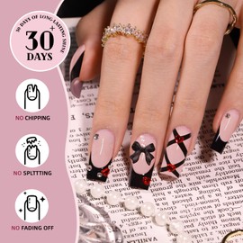HOSAILY Black French Tips Press on Nails Medium Long Square, 3D Bling Glossy Cute Bow Red Heart Rhinestone Design Pink Black Handmade Fake Nail, Fit Seamlessly Salon Manicure Full Cover Stick on Nails