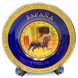 Decorative Plate Spain with Bull + Keyring Souvenir Spanish Bull Includes Bracket and Hook for Hanging Lovers from Spain, Taurus, Culture and Traditions (Toro)
