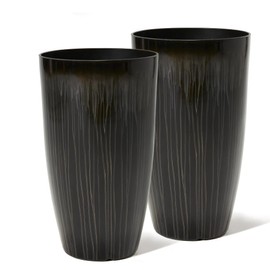 Worth Garden 23.5" H. Large Plastic Planters - Set of 2 Gradient Black Glossy Smooth Finish - Tall Plant Pots for Indoor & Outdoor Use - Decorative Lightweight Flower Pots for Front Porch, Patio, Deck