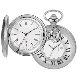 Realpoo Silver Hollow Roman Digital Pocket Watch Cover for Men, Calendar Roman Dial Men's Quartz Pocket Watch with Chain
