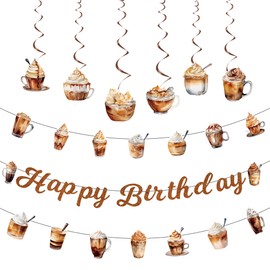 Coffee Birthday Themed Party Decorations - 1pcs Glitter Brown Happy Birthday Banner, 2pcs Latte, Cappuccino & Iced Coffee Theme Banner Bunting Garlands, 6pcs Cappuccino Themed Hanging Swirls(6 styles)