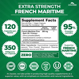 Zazzee Extra Strength French Maritime Pine Bark 20:1 Extract, 350 mg Per Capsule, 120 Vegan Capsules, 95% Proanthocyanidins, Kosher, 4 Month Supply, Standardized 20X Extract, Non-GMO, Made in The USA