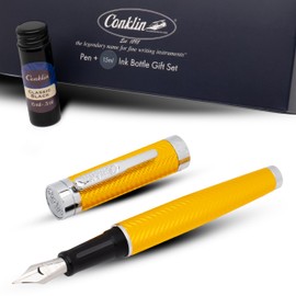 Conklin Herringbone Signature Fountain Pen Yellow Fine Nib + Free 15ml Ink Bottle – Bold Luxury Gift for Writers, Professionals, Pen Lovers