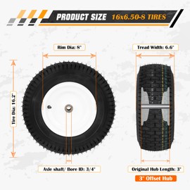 16x6.50-8 Lawn Mower Tires with Rim, Natural Rubber Turf Tire for L120 G100 G110, 145 190C Tractor, LA130 LA140 LA150 X140 X166 E170 | 3"Offset | Bore ID 3/4" | 4 Ply Tubeless 2PCS
