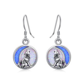 POPKIMI Wolf Earrings for Women Wolf Opal Moon S925 Sterling Silver Dangle Drop Hook Earrings (Wolf Opal Moon)