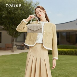 CORIOS Straw Evening Bag for Women Handwoven Clutch Bridal Wedding Purse Ladies Handbag With Detachable Chain Elegant Shoulder Crossbody Bag for Banquet Cocktail Prom Party Khaki
