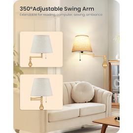 Vintage Floor Lamp with 350°Adjustable Swing Arm, 61” Mid-Century Modern Floor Lamp, Farmhouse Standing Pole Lamp, Antique Reading Lamp for Living Room, Bedroom, Office, Linen Shade, Gold DE13LD05