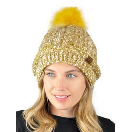C.C Faux Fuzzy Fur Pom Thick Popcorn Knit Eyelash Confetti Skull Cap Cuff Beanie, Mustard