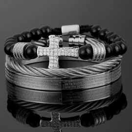 3PCS Stainless Steel Bracelets for Men Cross with Stone, Bible Lords Prayer Encourage Bangle Bracelet Twisted Cable Bracelet Adjustable Cuff Bracelet Mens Luxury Jewelry Bracelets Gifts (SILVERY)
