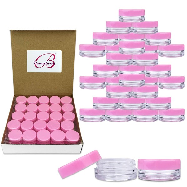 (100 Pcs) Beauticom 3G/3ML Round PINK Screw Cap Lid with Clear Base empty Plastic Container Jars for Cosmetic Cream Pot Makeup Eye Shadow Nails Powder Jewelry (Quantity: 100 Pieces)