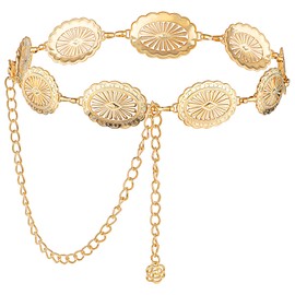 JIEYAO Western Concho Chain Belt, Adjustable Metal Waist Chain, Cowgirl Boho Belts for Women Country Concert Outfit for Dress(Gold)