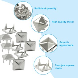 Moicstiy 100 Pcs 9mm Metal Punk Spikes Spots, Sliver Pyramid Studs Four-Jaw Square Rivets for Leather, Clothing, Bag