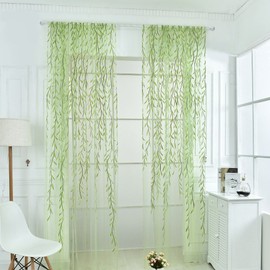 Rely2016 2 Pieces Willow Window Curtain Voile Tulle Room Salix Leaf Sheer Gauze Curtain Voile Panel Drapes Curtain Green Color for Living Room, Bedroom, Balcony (100 x 200cm)