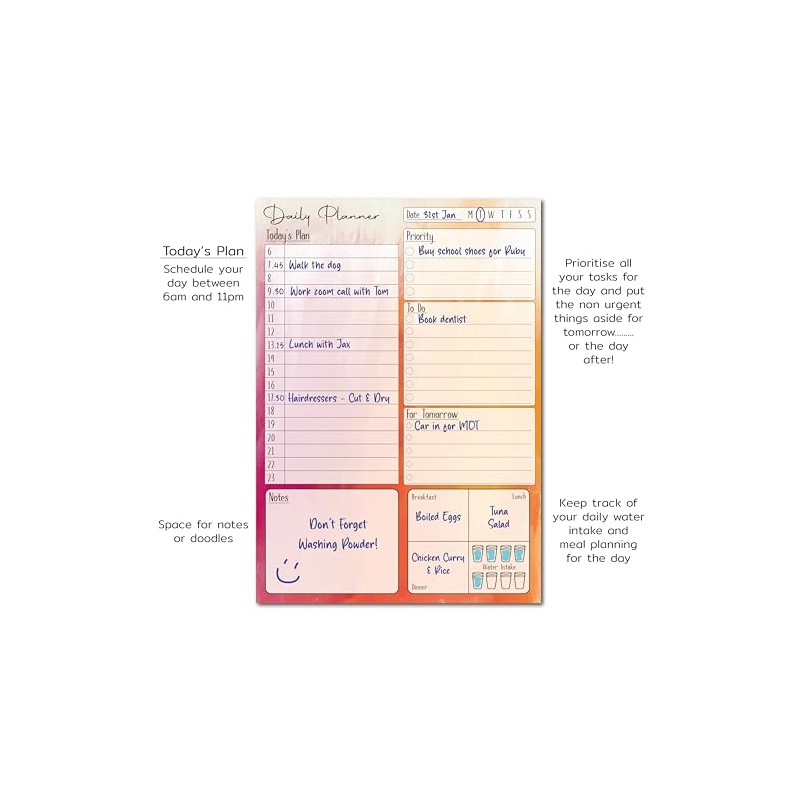 A5 Daily Planner 50 Sheet Note Pad with Schedule, Priority,