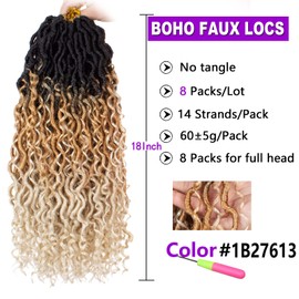ZRQ 8 Packs Goddess Locs Crochet Hair 18 Inch Ombre Boho Faux Locs Crochet Braids 613, 3 Tone Pre Looped Bohemian Locs River Soft Locs Crochet Hair Synthetic Boho locs 1B27613#