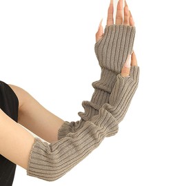 Women Knitted Arm Warmers Long Warm Arm Sleeves Fingerless Thumb Hole Gloves Winter Wrist Warmers Over Elbow Gloves Light Grey