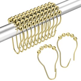 MitoVilla Stainless Steel Shower Curtain Hooks Rings, Gold Shower Hooks for Shower Curtain Liner, Rolling Balls Rust Proof Shower Rings for Curtain Accessories and Bathroom Shower Rod, Set of 12