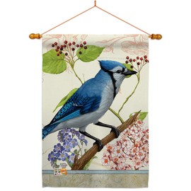 Ornament Collection HS191052-BO-03 Blue Jay Floral Garden Friends Birds Impressions Decorative Vertical 28" x 40" Double Sided House Flag Set Wood Dowel with String Hardware