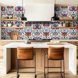 VGHUYEVOGERE Peel and Stick Wallpaper Seamless Mexican Otomi Style Bright Pattern Butterflies Flowers Self Adhesive Wall Mural Contact Paper Renter Friendly Wall Paper for Kitchen Bedroom 17.7"x118"