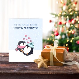 Christmas Card Funny Holiday 2023, Quality Xmas Greeting Card for Husband Wife Boyfriend Girlfriend (1 Card - With You as My Heater - Penguins)