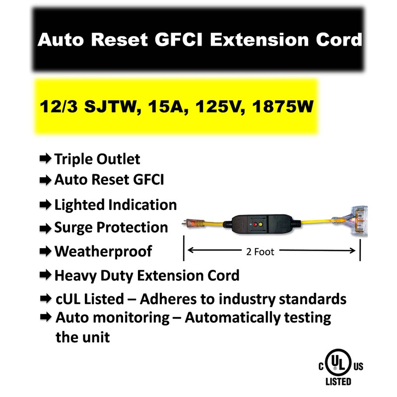 ShockGuard Portable GFCI Extension Cord | 2-Foot 12/3 Gauge SJTW