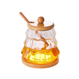 HAN SHENG 14oz Glass Honey Jar with Lid & Dipper Stick, Premium Honey Storage Container Set, Glass Honey Pot with Wooden Tray, Ideal for Honey, Syrup, Jam, and Kitchen Storage