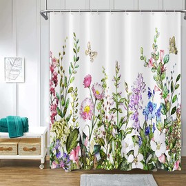Wild Floral Shower Curtain 72x72 inch Spring Watercolor Vintage Herb Flower Bathroom Curtains Botanical Green Leaves Shower Curtain for Bathroom Decor Polyester Waterproof Fabric Include Hooks