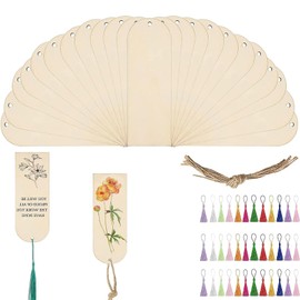 102pcs Wood Blank Bookmarks, BetterJonny 36pcs DIY Craft Bookmark Half-Round Top Hanging Tags with Holes and Ropes with 36pcs Multicolor Tassel and 30 Ropes