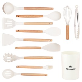 TONGMARU 12 pcs Kitchen Cooking Utensils Set, Premium Beech Wooden Handle Kitchen Gadgets Utensil Set, Non-Stick Silicone Cooking Kitchen Utensils Spatula Set with Holder, 446°F Resistant (White)
