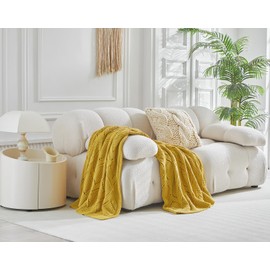 Longhui bedding Chunky Cotton Knit Throw Blanket for Couch, Sofa, Bed, or Chair, Decorative Breathable Fall Cable Knit Blanket 60 x 80 Inches, Large Mustard Yellow