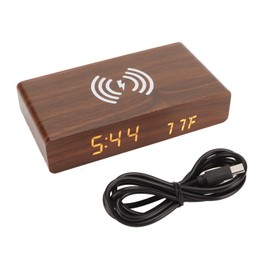 Digital Wooden Alarm Clock 3 Level Dimmer Dual Screen Brown Color Thin Yellow Light Wireless Charging Clock