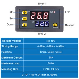 AITIAO 2Pcs Timer Delay Relay DC 12V 20A Programmable Digital Cycle Delay Relay Timer Switch ON-Off Control 0ms-999h LED Digital Display Time Relay Module