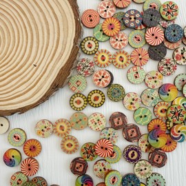 100 Pcs Mixed Vintage Wooden Buttons with 2 Holes - 15mm Round Decorative for DIY Sewing Craft and Handmade Projects (Color 1)