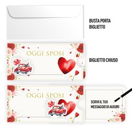 Biglietto di Auguri Matrimonio 'Oggi Sposi', Design Vintage con Auto Rossa e Rose, Scorrevole con Busta