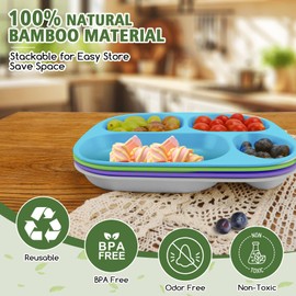 shopwithgreen Bamboo Divided Plates for Kids Adults - Dinnerware Set for Toddlers Kids Children Baby, Toddler Dinner Plates, BPA Free, Stackable, Dishwasher Safe, 9.4 inch, Set of 4