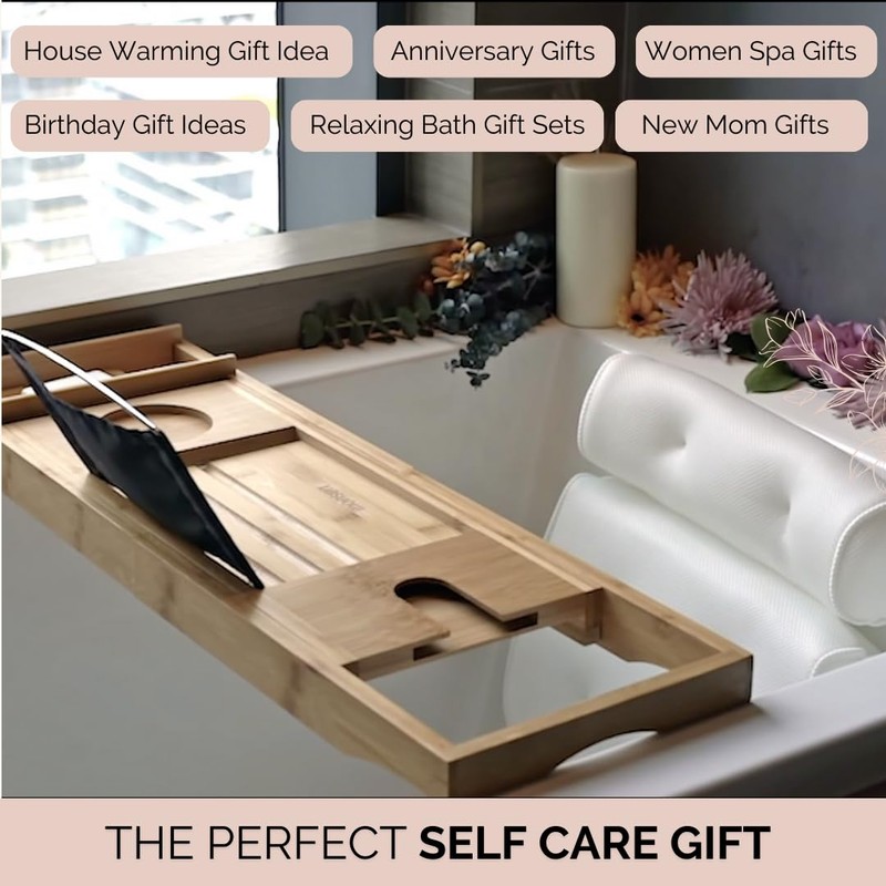 Foldable Bamboo Bathtub Tray Caddy - Expandable Bath Tray for